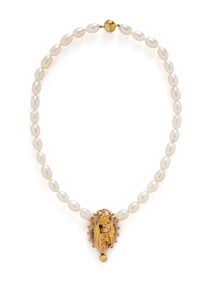 CULTURED PEARL AND GOLD FLOWER NECKLACE