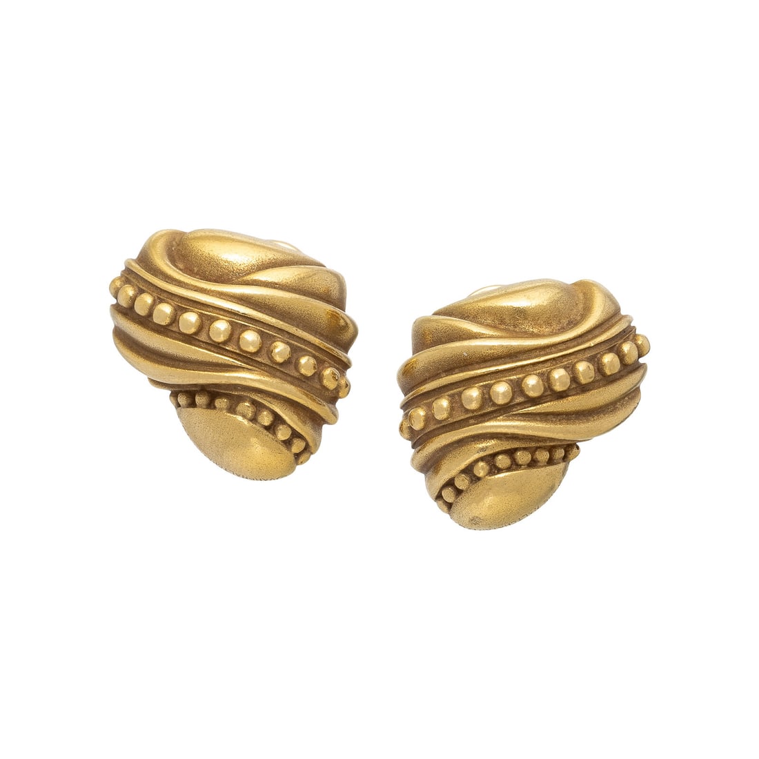 VAHE NALTCHAYAN, YELLOW GOLD RIBBON EARRINGS: VAHE NALTCHAYAN, YELLOW GOLD RIBBON EARRINGS 18 karat yellow gold. 1 inch long. Stamp: VAHE NALTCHAYAN USA 18KT. Gross weight: 14.50 dwt. Jewelry from the Private Collection of an Artist