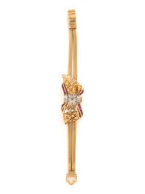 FRENCH, RETRO, YELLOW GOLD, RUBY, AND DIAMOND WATCH
