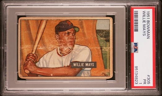 A 1951 Bowman Willie Mays Rookie Baseball Card No. 305 (PSA 1): A 1951 Bowman Willie Mays Rookie Baseball Card No. 305 (PSA 1) Property from The Collection of Stewart Orzoff This lot is located in Chicago. 
