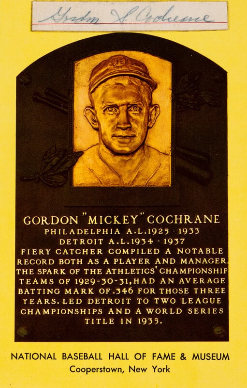 A Mickey Cochrane Hall of Fame Postcard With Cut Gordon Cochrane Signature (Beckett Authentication S: A Mickey Cochrane Hall of Fame Postcard With Cut Gordon Cochrane Signature (Beckett Authentication Services Pre Certified) Property from the Estate of Marvin Rogolsky This lot is located in Ch