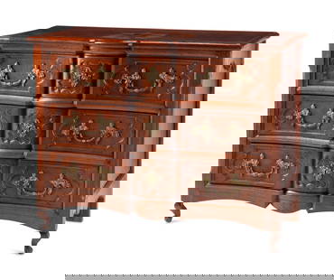 A French Provincial Walnut Commode: A French Provincial Walnut Commode 18th Century having a parquetry-inlaid top. Height 38 x width 49 x depth 23 1/2 inches. This lot is located in Chicago.