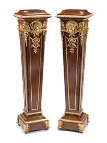 A Pair of Régence Style Gilt Bronze Mounted Bookmatch-Veneered Pedestals