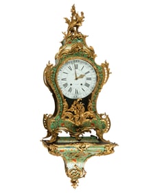 A Louis XV Green-Stained Horn and Gilt Bronze Mounted Cartel Clock and Bracket