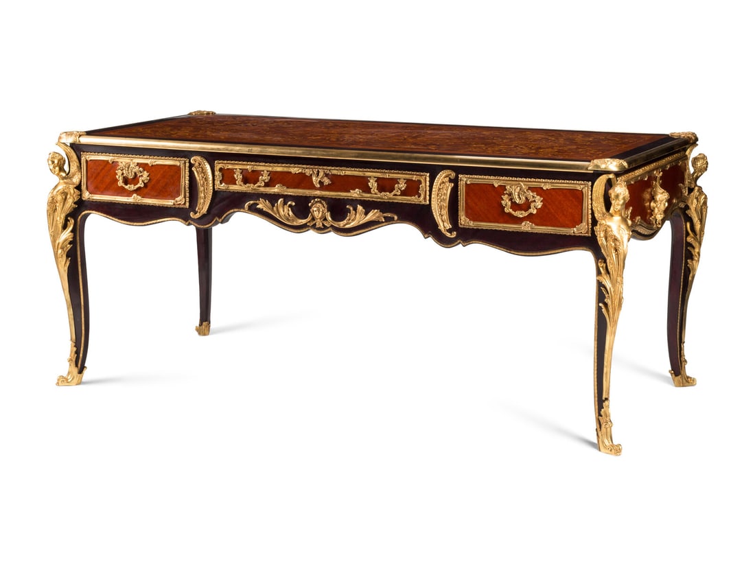 A Louis XV Style Gilt Bronze Mounted Marquetry Bureau Plat (1 of 5)