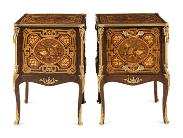 A Pair of Louis XV Style Gilt Bronze Mounted Marquetry Side Cabinets