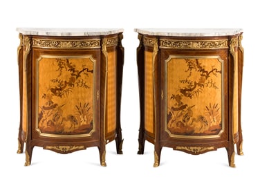A Pair of Louis XV Style Gilt Bronze Mounted Marquetry Marble-Top Cabinets
