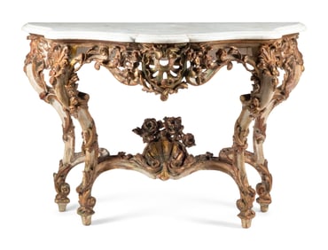A Louis XV Painted and Parcel Gilt Marble-Top Console Table