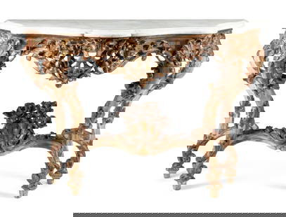 A Louis XV Painted and Parcel Gilt Marble-Top Console Table: A Louis XV Painted and Parcel Gilt Marble-Top Console Table Incorporating 18th Century Elements Height 36 1/2 x width 54 x depth 24 inches. This lot is located in Chicago.