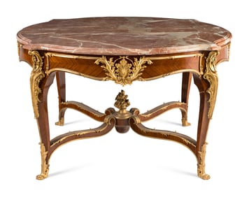 A Louis XV Style Gilt Bronze Mounted Parquetry Marble-Top Center Table
