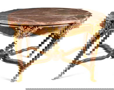 A Louis XV Style Gilt Bronze Mounted Parquetry Marble-Top Center Table: A Louis XV Style Gilt Bronze Mounted Parquetry Marble-Top Center Table 20th Century Height 32 1/2 x width 60 x depth 60 inches. Property of a California Collector This lot is located in Chicago.