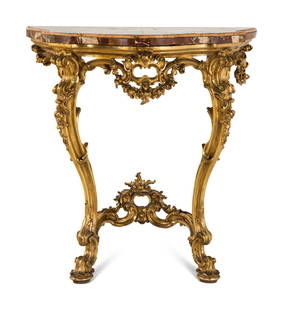 A Louis XV Style Giltwood and Sicilian Jasper Marble-Top Pier Table: A Louis XV Style Giltwood and Sicilian Jasper Marble-Top Pier Table 20th Century Height 38 1/4 x width 37 x depth 19 inches. Property from the Collection of David Wilton, Philadelphia, Pennsylvania