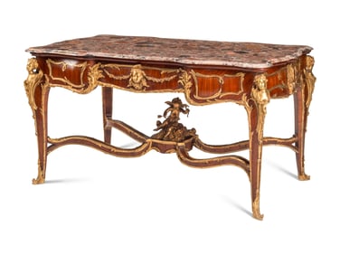 A Louis XV Style Gilt Bronze Mounted Mahogany Marble-Top Salon Table