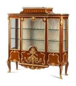 A Louis XV Style Gilt Bronze Mounted Marquetry Marble-Top Vitrine Cabinet