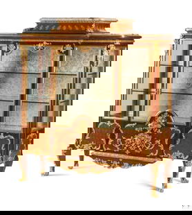 A Louis XV Style Gilt Bronze Mounted Marquetry Marble-Top Vitrine Cabinet: A Louis XV Style Gilt Bronze Mounted Marquetry Marble-Top Vitrine Cabinet 20th Century the interior with two glass shelves. Height 61 x width 56 1/2 x depth 18 inches. This lot is located in Chicago.