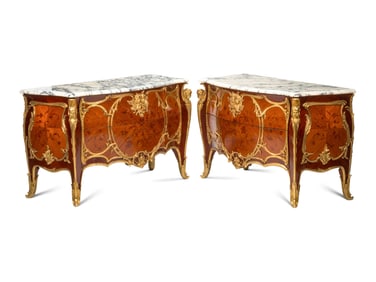 A Pair of Louis XV Style Gilt Bronze Mounted Marquetry Marble-Top Commodes
