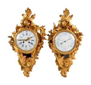 A Louis XV Style Gilt Bronze Cartel Clock and Barometer