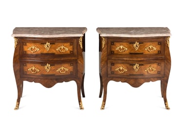 A Pair of Louis XV Style Gilt Bronze Mounted Kingwood and Tulipwood Marble-Top Small Commodes