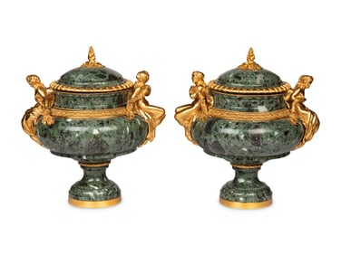 A Pair of French Gilt Bronze Mounted Marble Urns