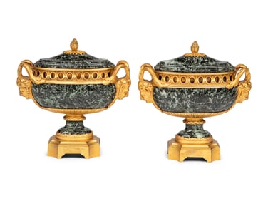 A Pair of Louis XVI Style Gilt Bronze Mounted Verde Antico Marble Vases Navettes