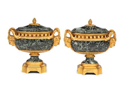 A Pair of Louis XVI Style Gilt Bronze Mounted Verde Antico Marble Vases Navettes: A Pair of Louis XVI Style Gilt Bronze Mounted Verde Antico Marble Vases Navettes 19th Century Height 9 3/4 x width 9 1/2 x depth 4 inches. Property of a California Collector This lot is located in