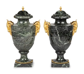 A Pair of Louis XVI Style Gilt Bronze Mounted Marble Urns