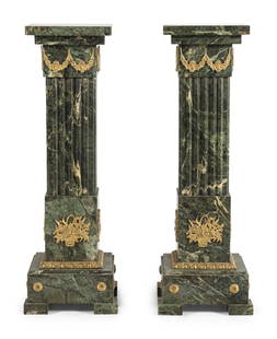 A Pair of Louis XVI Style Gilt Bronze Mounted Marble Pedestals: A Pair of Louis XVI Style Gilt Bronze Mounted Marble Pedestals Late 19th Century Height 45 1/2 x width 15 x depth 15 inches. Property of a California Collector This lot is located in Chicago.