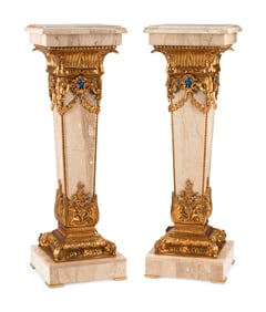 A Pair of Louis XVI Style Gilt Bronze Mounted Marble Pedestals