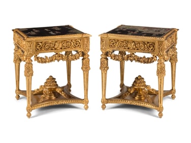 A Pair of Louis XVI Style Carved Giltwood and Chinese Lacquer-Inset Tables