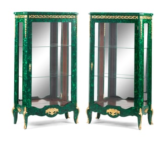 A Pair of Louis XVI Style Gilt Bronze Mounted Malachite Vitrine Cabinets