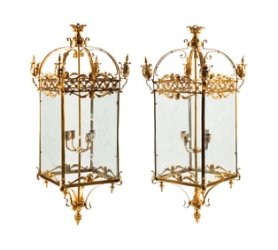 A Pair of Louis XVI Style Gilt Bronze and Etched Glass Hall Lanterns