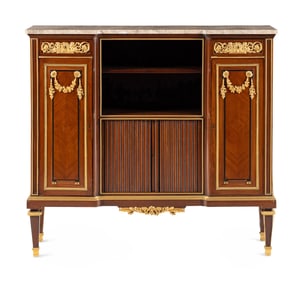A Louis XVI Style Gilt Bronze Mounted Mahogany Marble-Top Cabinet