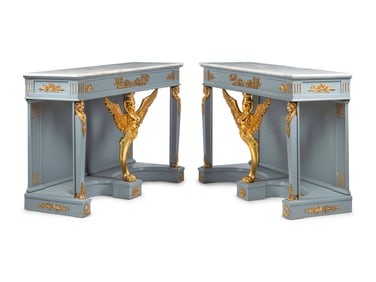A Pair of Directoire Style Painted and Parcel Gilt Marble-Top Console Tables