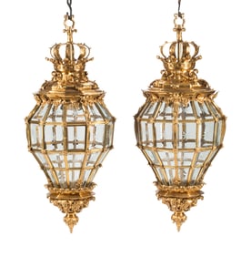 A Pair of French Neoclassical Style Gilt Bronze and Etched Glass Hall Lanterns
