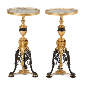 A Pair of French Neoclassical Style Gilt and Patinated Bronze Marble-Top Tables