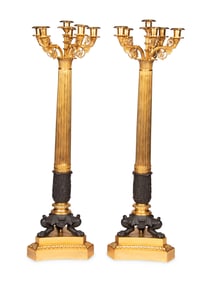 A Pair of Large Empire Style Gilt and Patinated Metal Six-Light Candelabra