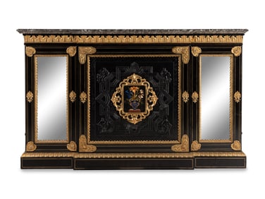 A Napoleon III Bas Relief-Carved, Gilt Bronze Mounted and Pietra Dura-Inset Marble-Top Cabinet