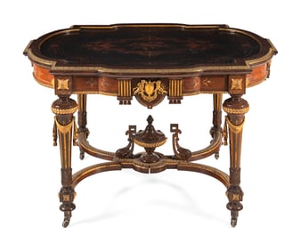 A Napoleon III Gilt Bronze Mounted Marquetry Center Table