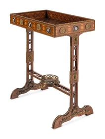 A French Gilt Bronze and Enamel Mounted Parquetry Tricoteuse