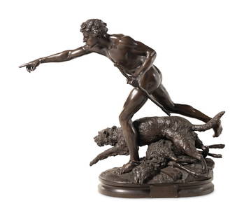After Louis-Auguste Hiolin (French, 1846-1910): After Louis-Auguste Hiolin (French, 1846-1910) Au Loup!! bronze signed 'Hiolin' to base and bearing plaque reading 'Salon 1888/ Acquis/ Par La Ville Paris' Height 31 1/2 x width 42 x depth 17 inches.