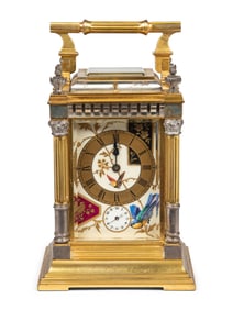A French Silvered and Gilt Brass Porcelain-Mounted Carriage Clock