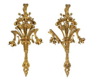 A Pair of Art Nouveau Gilt Bronze Three-Light Sconces