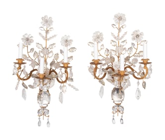 A Pair of Gilt Metal and Rock Crystal Three-Light Sconces
