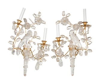 A Pair of Rock Crystal and Gilt Metal Two-Light Wall Sconces