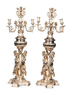 A Pair of Monumental Silver-Plate Figural Six-Light Candelabra: A Pair of Monumental Silver-Plate Figural Six-Light Candelabra Late 19th/Early 20th Century apparently unmarked. Height 39 1/2 x diameter 15 inches. Property of a California Collector This lot is loca