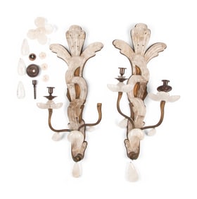 A Pair of French Rock Crystal and Gilt Bronze Two-Light Sconces