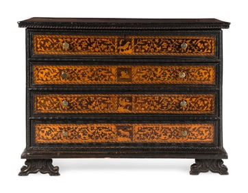 An Italian Baroque Marquetry and Part-Ebonized Bureau Chest
