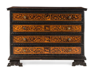 An Italian Baroque Marquetry and Part-Ebonized Bureau Chest: An Italian Baroque Marquetry and Part-Ebonized Bureau Chest 17th/18th Century Height 41 1/4 x width 56 3/4 x depth 22 1/2 inches. Property of a California Collector This lot is located in Chicago.