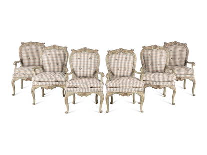 A Set of Six North Italian Rococo Polychrome Painted Armchairs: A Set of Six North Italian Rococo Polychrome Painted Armchairs 18th Century Height 40 x width 26 x depth 21 inches. This lot is located in Chicago. Provenance: Bonhams, San Francisco, The Antonio