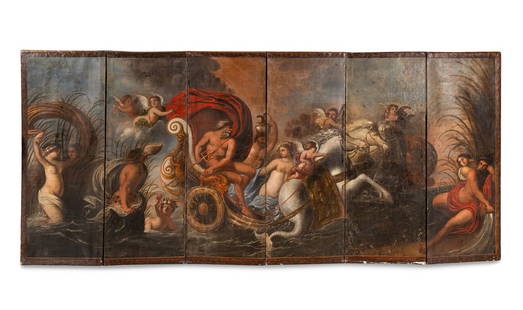 An Italian Baroque Six-Panel Painted Floor Screen: An Italian Baroque Six-Panel Painted Floor Screen Possibly Sicilian, Late 18th/Early 19th Century Height 72 x width of each panel 26 3/4 1/2 inches. Property of a California Collector This lot is loca